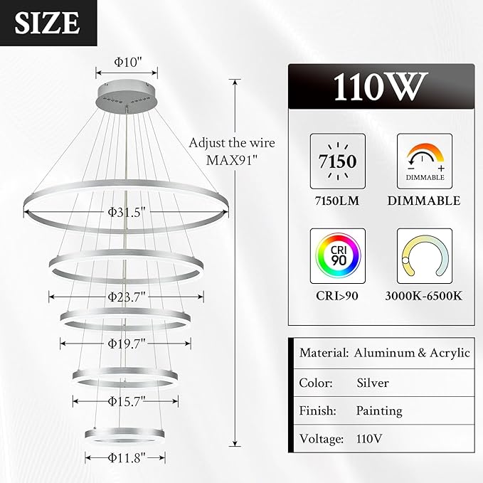 5-Rings D31.5’’ Modern LED Chandelier Silver Dimmable High Ceiling Chandeliers Foyer with Remote Control for Entryway Living Room Dining Room Staircase, 3000K-6500K