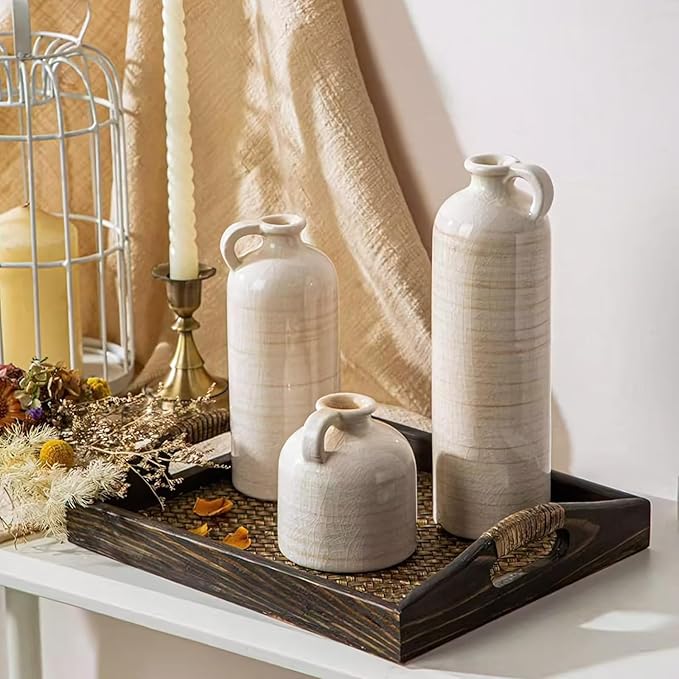 Ceramic Vase Set of 3 – Handcrafted Modern Farmhouse Decorative Vases, Neutral Pottery for Pampas Grass, Flowers, Table Centerpieces, Living Room, Mantel & Shelf Decor – Beige