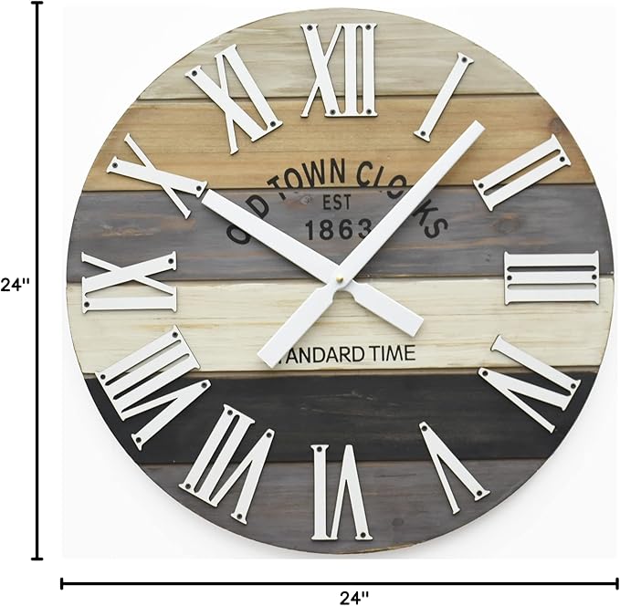 24" Wooden Multi-Color Maritime Coastal Beach Large Roman Wall Clock (Grey, 24 inch)