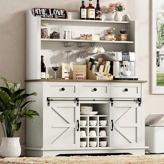 63 Inch Coffee Bar Cabinet with 3-Tier Storage, Kitchen Storage Cabinets with 3 Drawers, Farmhouse Coffee Bar with 9 Racks, 3 Glass Holders, Wine Bar for Living Dining Room, White