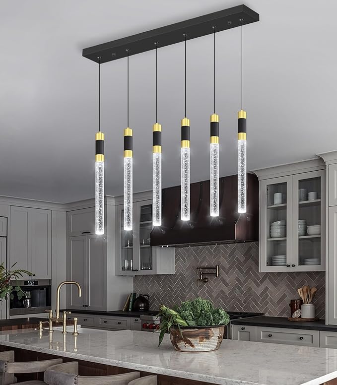 6-Lights Modern Rectangular Chandeliers for Living Room LED Dimmbale Light Fixture Entryway High Ceiling Light Pendants Lighting for Dining Room