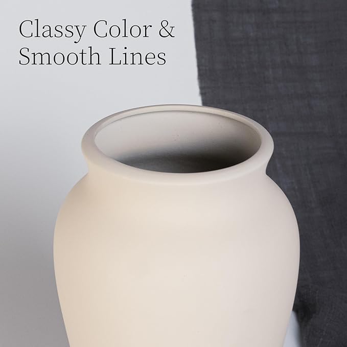 Beige Ceramic Vase Home Decor, 9 Inch Ceramic Wide Mouth Pottery Vase for Farmhouse, Vintage Terracotta Rustic Decor for Living Room, Entryway, Floor, Mantel Decoration