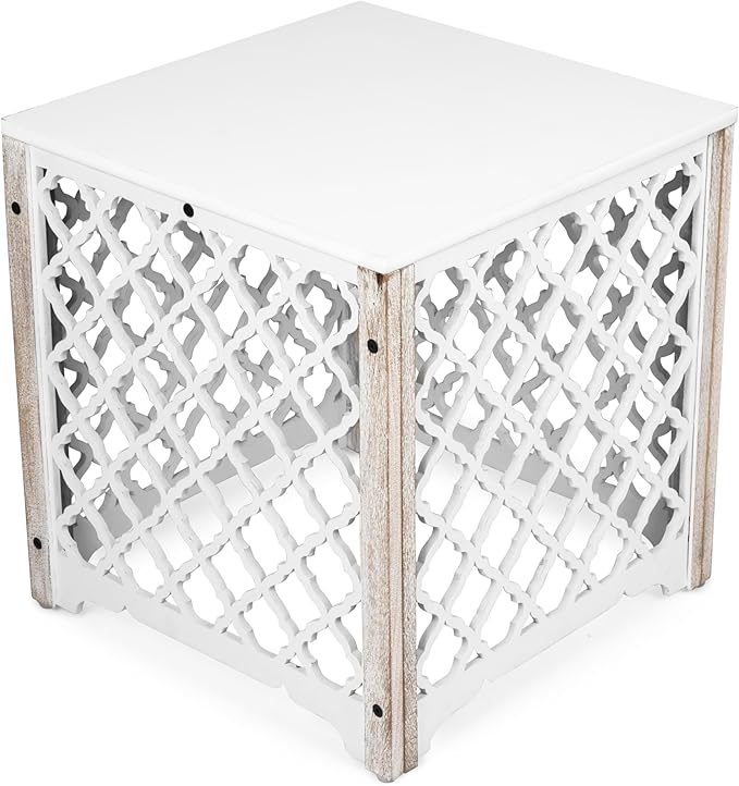 JFY Designs Carved Wooden Square Side Table Decorative Coffee Side Entryway Bedside|Modern Home Decor Table|Accent Table Living Room, Bedroom, Office|Hand Carved Farmhouse Rustic End Table 16-inch