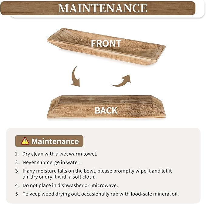 Hanobe Decorative Wood Dough Bowl: Large Long Wooden Centerpiece Table Decorations Natural Candle Holder Tray Decor Rustic Unfinished Centerpieces for Dining Room Kitchen Fruit Bowls, Burnt