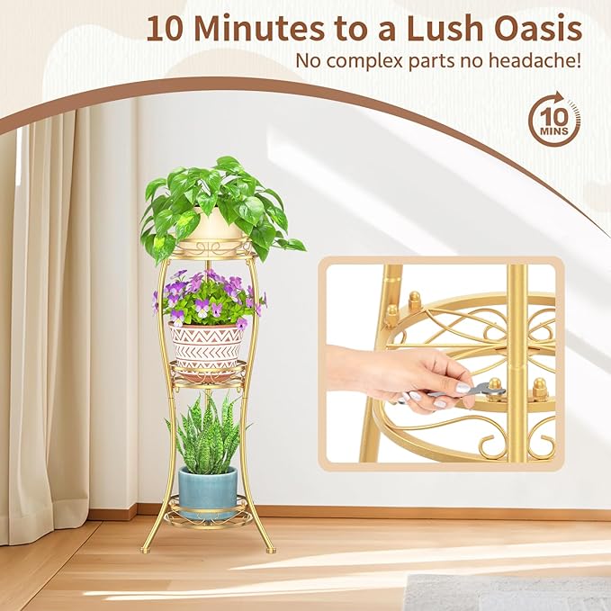 LASZOLA Gold 3 Tier Tall Plant Stand for Indoor Outdoor, Large Multiple Level Flower Planter Holder Organizer Rack for Patio Office Bathroom Corner Floor, Sturdy Heavy Duty Metal, Vertical Display