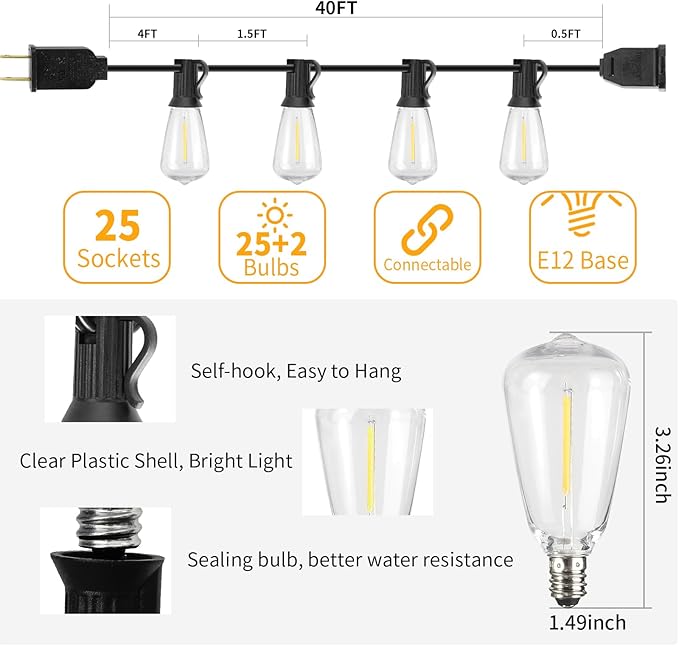 40FT LED Outdoor String Lights Waterproof, 2700K ST38 LED Globe Outdoor Lights for Patio with 27 Edison Vintage Shatterproof Bulbs, Connectable Backyard Lights for Garden, Bistro, Porch, Cafe