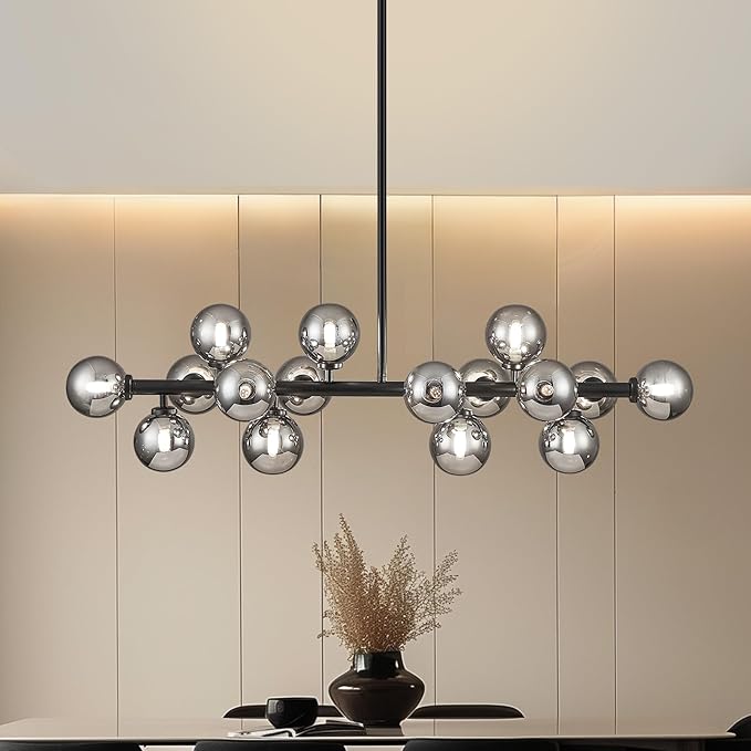 Glass Globe Sputnik Chandelier, 16-Light Mid Century Modern Light Fixture Over Table, Linear Chandeliers for Dining Room, Kitchen Island, Black and Smoke Grey Bubble, 40 Inch, GC-02