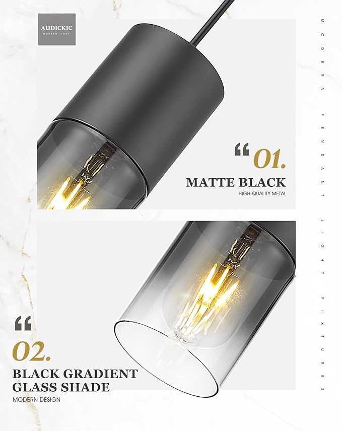 2-Pack Pendant Lights Kitchen Island, Hanging Lights Fixtures with Cylinder Black Gradient Glass, Modern Kitchen Pendant Lighting Over Island for Dining Room, AD-24023-1P2-BK-SM
