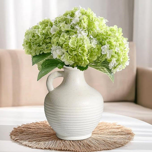 White Ceramic Vase, Rustic Farmhouse Vase with Handle, Pottery Vases for Flower, Farmhouse Decor, Centerpiece Table Decorations, 6 inch