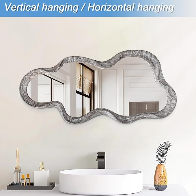 Asymmetrical Mirror Large Irregular Wall Mirror Modern Wood Frame Unique Artistic Mirrors Cute and Stylish Cloud Wavy Mirror Decorative for Cloakroom Bedroom Living Room Bathroom Entryway White
