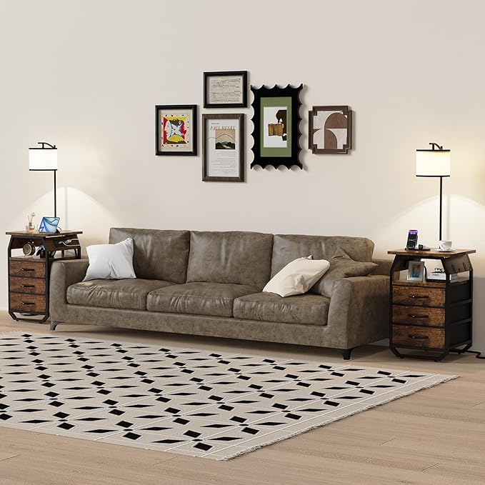 Floor Lamp with Table Set of 2, End Tables with Lamps Attached 3-Color Temperature Bulb, Side Table with Lamp with 3 Drawers & Charging, Lamps Tables Combo for Bedroom, Dorm - Rustic Brown