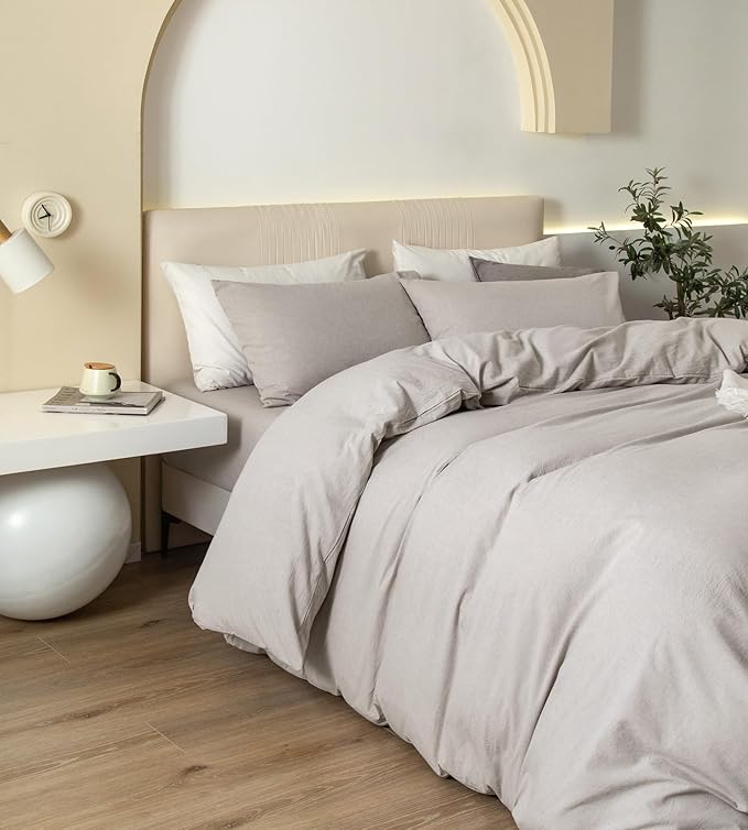 JIYUAN 100% Washed Cotton Duvet Cover Set 3 Pieces Queen, 1 Duvet Cover 90x90 Inches(Comforter Not Included) and 2 Pillowcases,Linen Feel Bedding Set Comfy and Breathable, Heathered Cream Grey