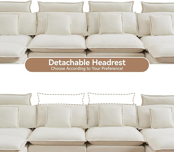 134'' Cloud Modern 4 Seater Couch with Detachable Headrest, Modular Sectional Sofa with 2 Ottoman, Oversized U Shape Chenille Comfy Sofa with Armrests for Living Room, Beige