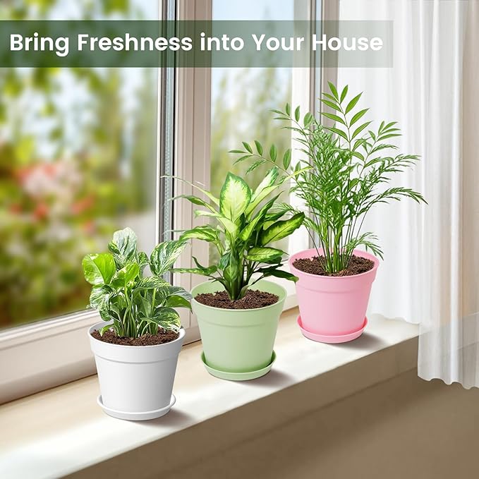 20 Pack 6 Inch Plant Pots with Drainage and Saucers, White Plastic Flower Pots for Indoor and Outdoor Plants, Stackable Nursery Planters for Houseplants and Herbs, Colorful