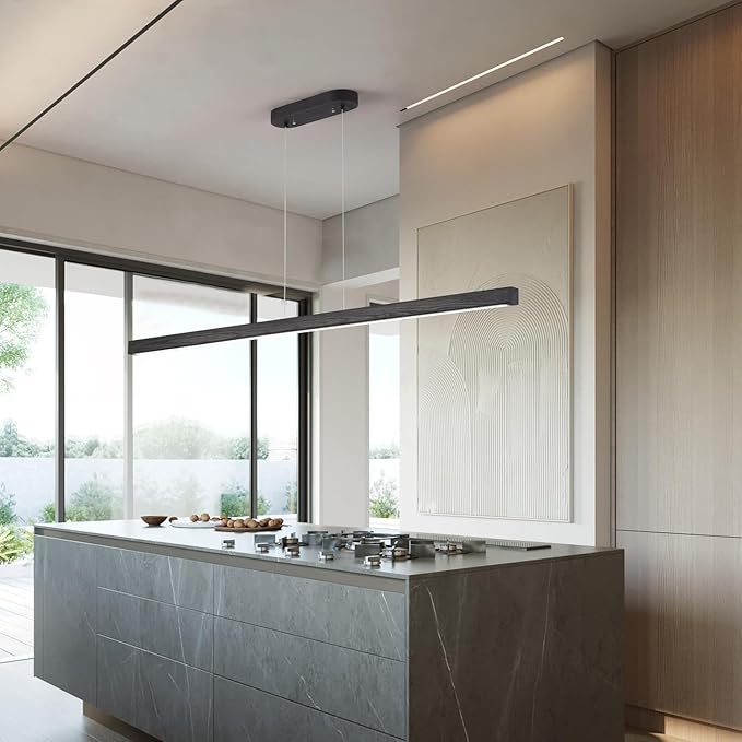 55 Inch LED Linear Pendant Light Black Wood LED Kitchen Island Lighting Dimmable Ceiling Hanging Chandeliers for Dining Room Living Room Bar Pool Table 36W Modern Farmhouse Fixture Black Wood Finish