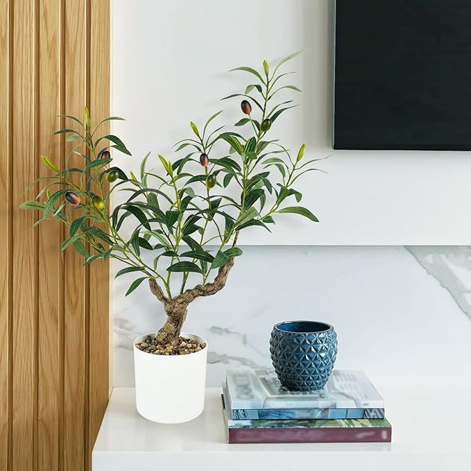 Fake Olive Plants 2FT, Artificial Small Olive Tree Indoor, Faux Potted Plants Decor for Tabletop, Desk, Shelf, Office, Kitchen, Living Room, Bedroom, Bathroom
