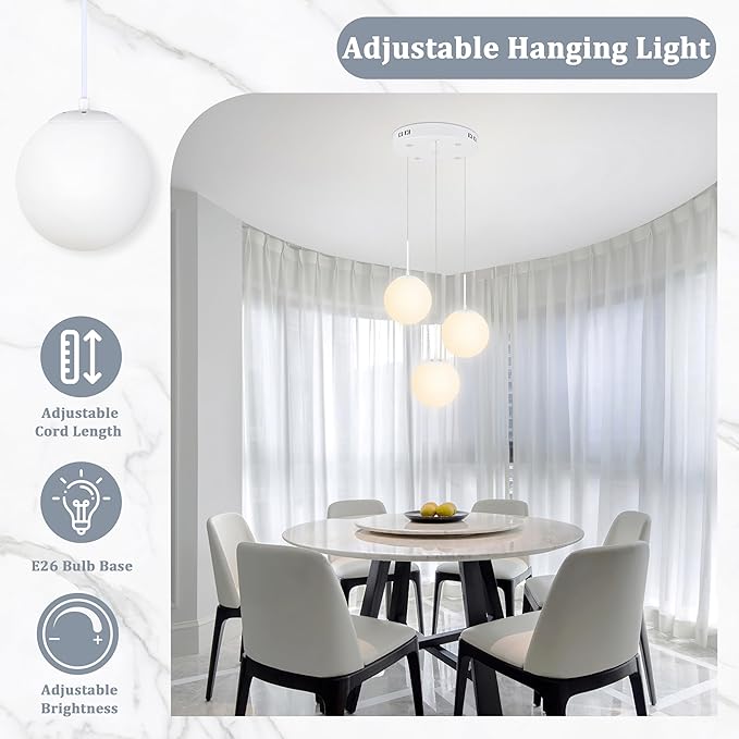 KoKo&Yukina Globe Pendant Light 3 Light White Globe Pendant Lights Kitchen Island Mid Century Light Fixture with Milky White Glass Shade for Dining Room Living Room