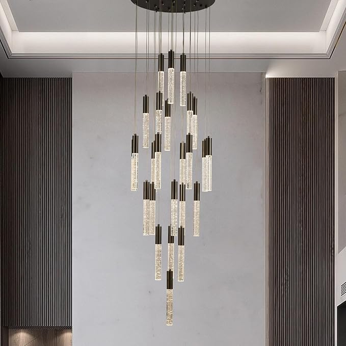 Black Crystal Chandeliers, Large Dimmable Hanging Lamps, Round LED Raindrop Ceiling Pendant Light Fixtures for Dining Room Staircase Living Room Farmhouse