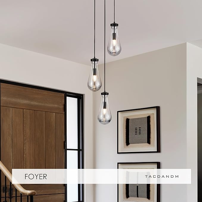 3-Light Raindrop Pendant Light Fixtures, Black Glass Pendant Lighting, Teardrops Modern Hanging Light for Entryway Foyer Kitchen Island Dining Living Room Hallway