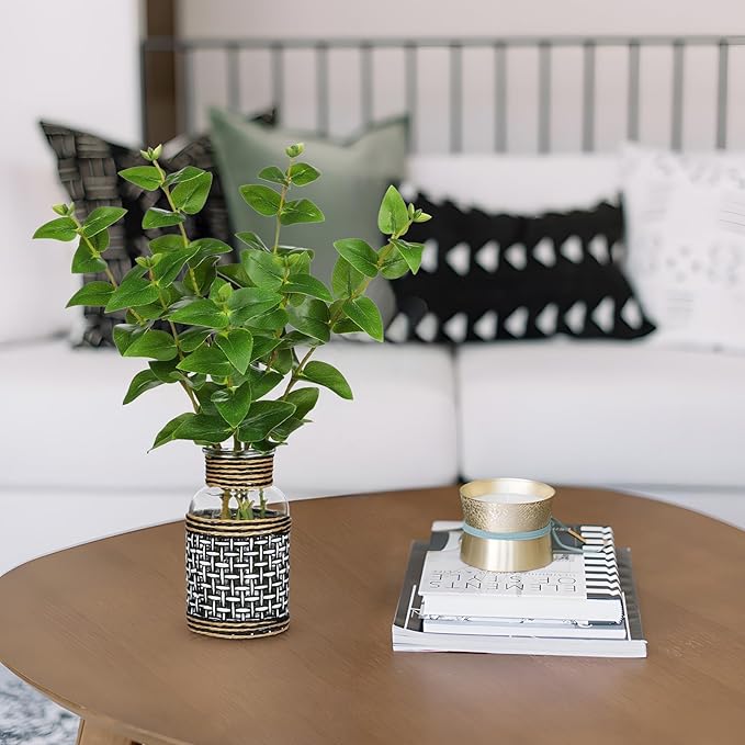 Artificial Eucalyptus Stems in Glass Vase with Faux Water, 14” Realistic Eucalyptus Leaves Fake Plant Branch Greenery Decoration for Home Farmhouse Bathroom Kitchen Wedding Centerpiece Table Décor