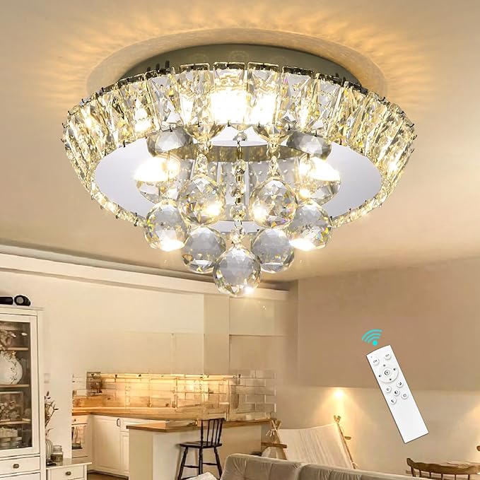 Modern Glam Crystal Chandelier Bedroom Ceiling Lights Chandelier with Dimmable Bulbs Ceiling Lighting Fixture 12 Inches Silver Light