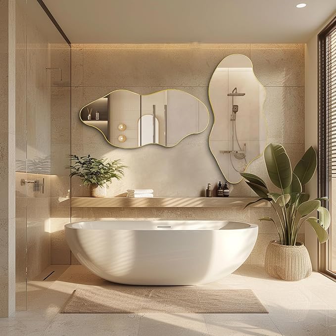 Irregular Wall Mirror, Gold Asymmetrical Mirrors, 47.2"x21.6" Large Wavy Shaped Mirror, Modern Frameless Decorative Mirrors for Living Room Bathroom Bedroom Hallway Entryway Fireplace