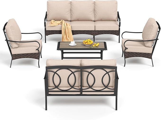 PHI VILLA Outdoor Modern Patio Furniture Set, Upgraded Wicker&Metal Patio Furniture Conversation Set with Waterproof Thick Cushions for Porch, Poolside, Deck, and Yard (5 Pieces,Beige)