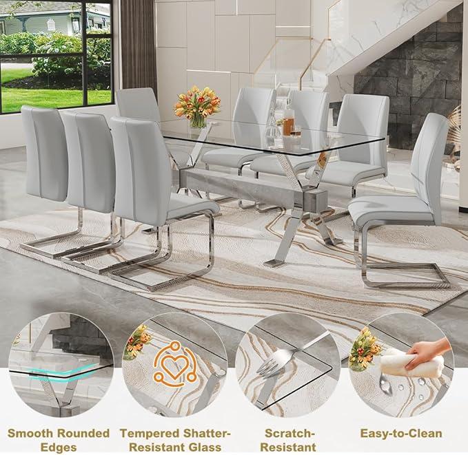 71'' Glass Dining Table Set for 8,9 Piece Dining Table Set with Tempered Glass Tabletop and Open‑Frame X‑Shaped Metal Base,Kitchen Table and Chairs Ideal for Dining Room&Home Office