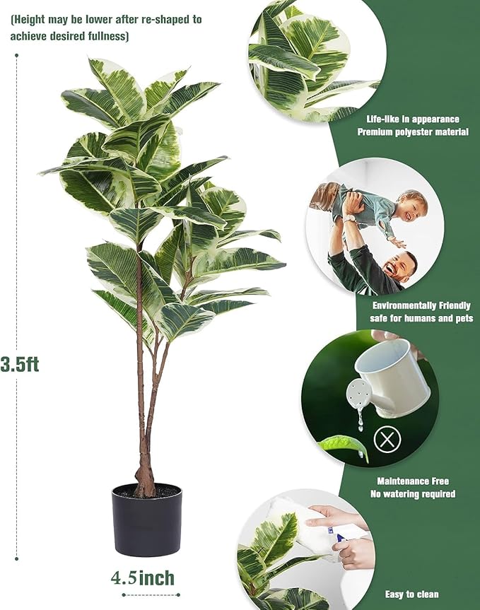 Artificial Rubber Tree Plant 43in Tall Faux Ficus Tree Potted Fake Tropical Decorative House Large Floor Artificial Plants for Home Office Store Room Decor