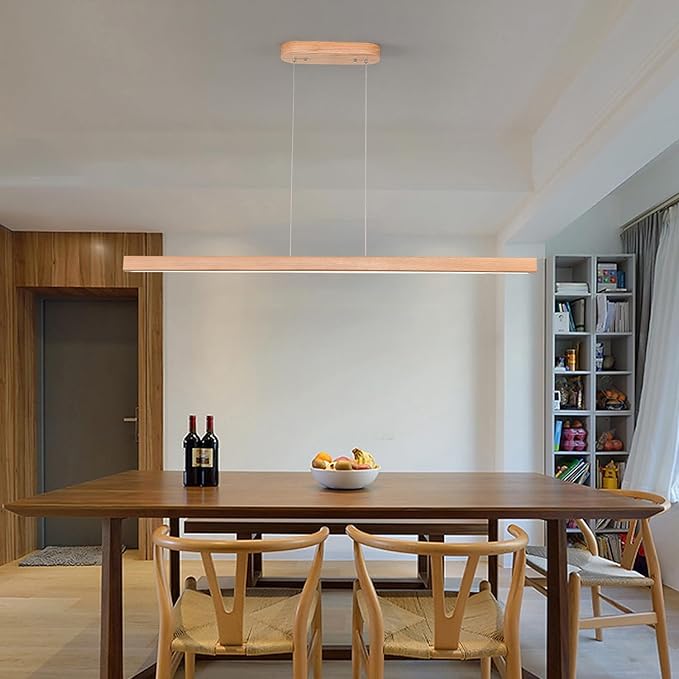 31" Wooden Linear Pendant Light LED Pendant Light Dimmable Pool Table Island Lights Modern Linear Chandeliers for Dining Room Kitchen Ceiling Pendant Lamp for Dining Room Kitchen Island Natural