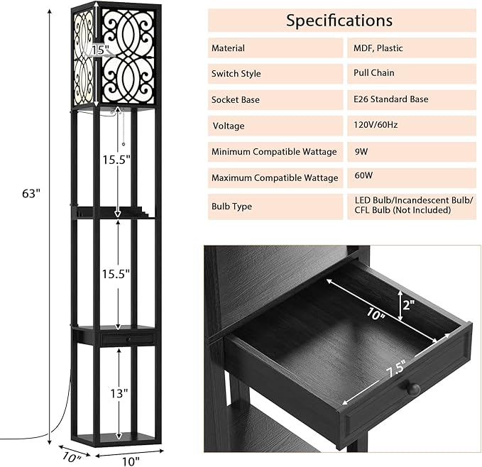 Tangkula floor lamp with Shelves and Drawer, Modern with 1 Power Outlet and 2 USB Ports, Standing for Living Room and Bedroom, Black (Carved)
