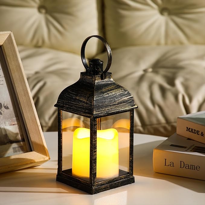 8 Pcs 10 Inch Dark Bronze Decorative Candle Lantern Bulk for Wedding Centerpieces Bronze Lanterns with LED Flameless Candle Indoor Outdoor Battery Powered Hanging Lights for Wedding Party