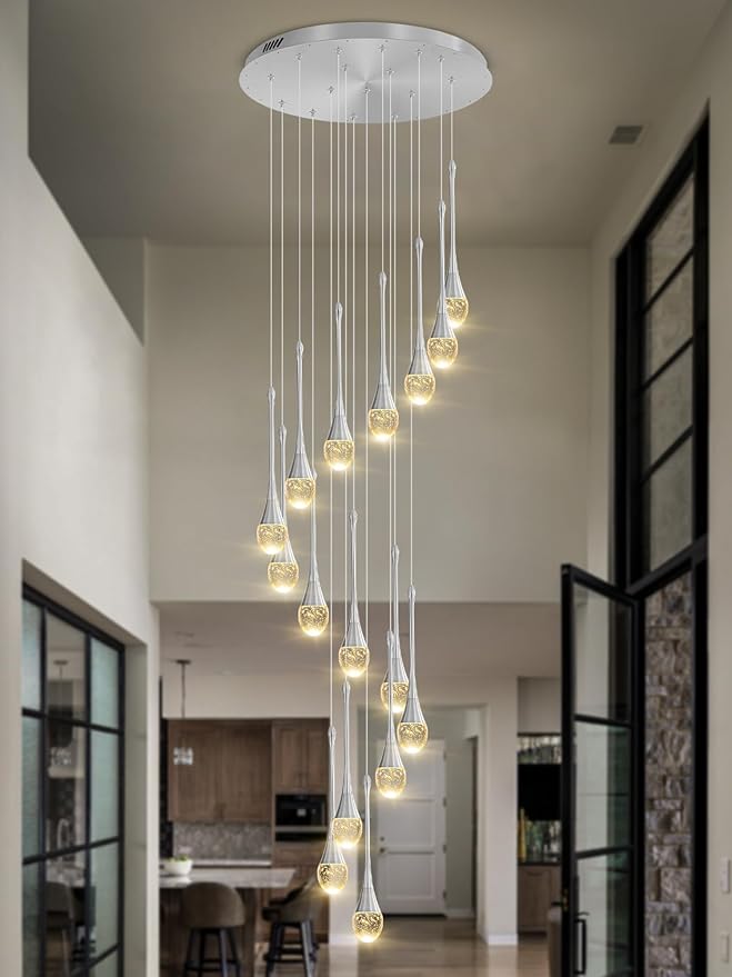 Adjustable 120'' Long Raindrop Crystal Pendant Chandelier 16Lights Silver Staircase Chandeliers High Ceiling Chandelier Loft Slanted Ceiling Fixtures LED Dimmable 2700-6000k