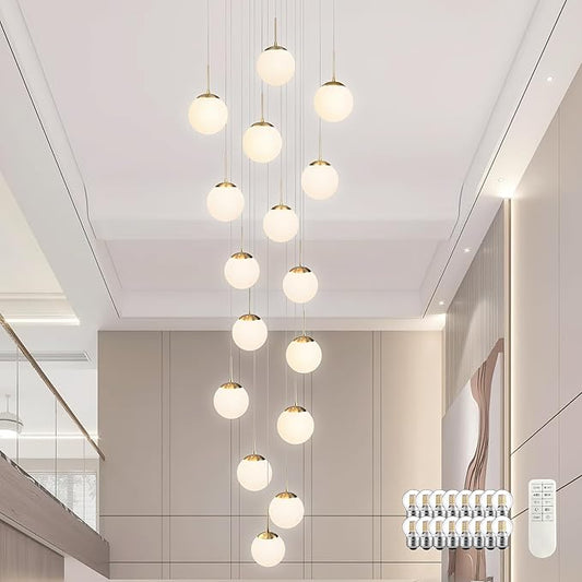 KoKo&Yukina 16-Light Gold Mid Century Modern Chandelier for Living Room Staircase Chandelier for Entryway Globe Milky White Glass Pendant Light High Ceiling Chandeliers Foyer (Bulb & Remote Incl.)