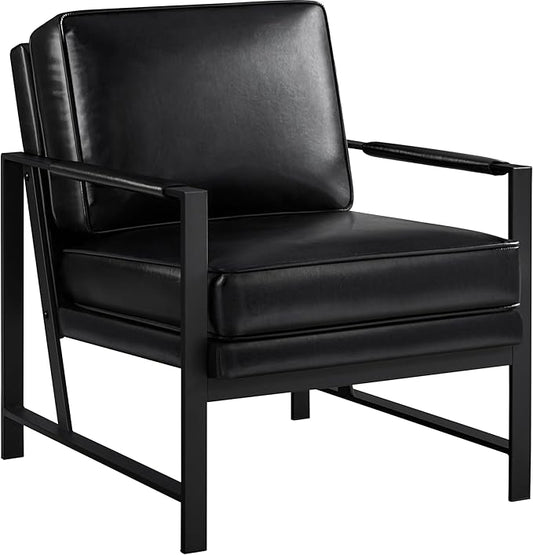 Yaheetech PU Leather Armchair, Retro Leisure Accent Chair with Extra Soft Padded and Cushion, Modern Reading Arm Chair with Black Metal Frame for Living Room/Office/Bedroom/Study Black