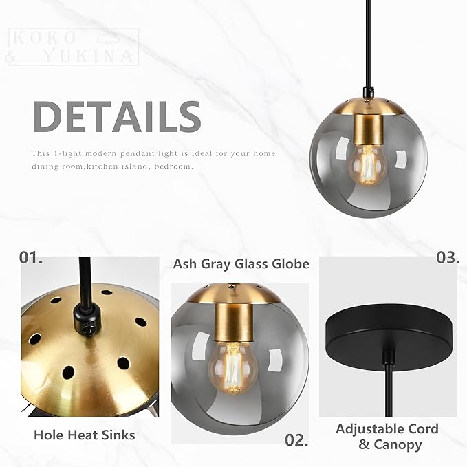 KoKo&Yukina 6 Inch Globe Pendant Light Gold Globe Pendant Lights Kitchen Island Mid Century Light Fixture with Grey Glass Shade for Dining Room (2 Pack)