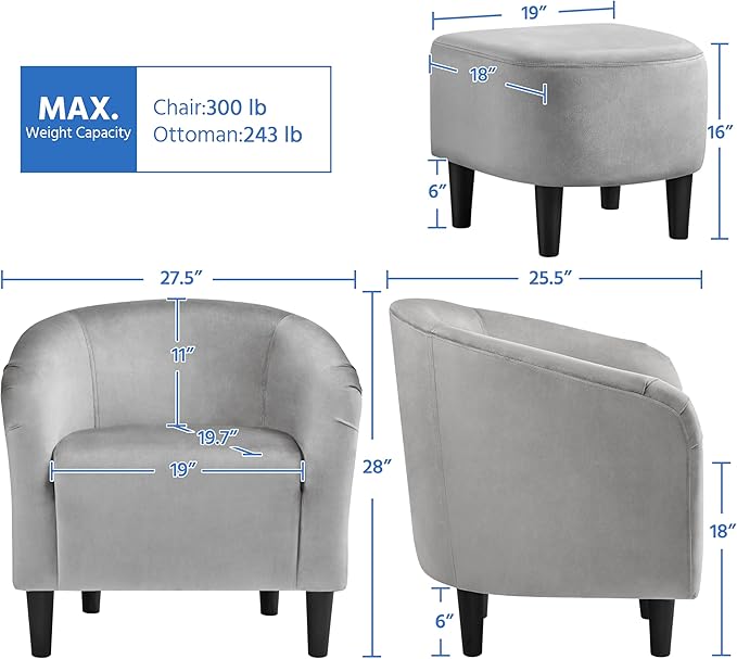Yaheetech Accent Chair with Foot Rest, Mid Century Modern Upholstered Soft Barrel Chair Comfy Fabric Armchair and Footrest Set for Living Room/Bedroom/Reading Room, Gray, 2pcs