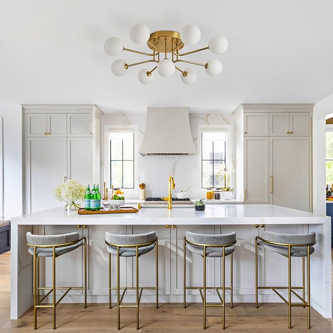 Semi Flush Mount Ceiling Light Fixture,Modern Gold Globe Sputnik Chandeliers 9-Light Mid Century Milk Glass Chandelier for Dining Room,Kitchen Island,Bedroom,Living Room,Entryway,Foyer,33 Inch