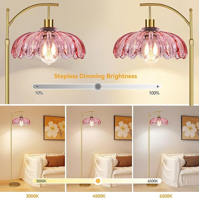 Floor Lamp for Living Room,Bedroom,Gold Dimmable Standing Lamp with Remote,Mid Century Modern Brass Tall Lamp Retro Vintage Pink Glass Lamp Floor Light Boho Bohemian