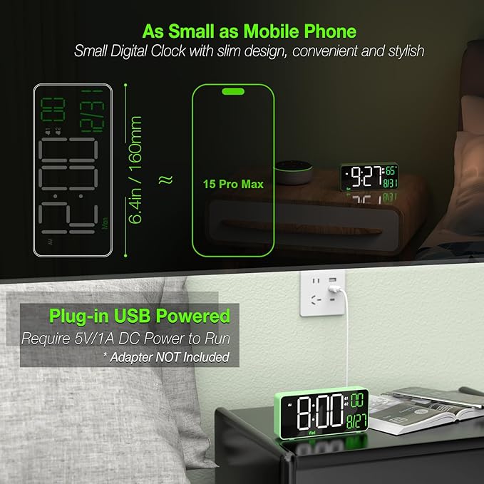 KOSUMOSU Digital Clock for Bedroom, 6.7in Desk Clock, Auto Dimming, Room Temperature, Day of The Week, Date, Seconds, Clocks for Living Room, Alarm Clocks for Bedrooms