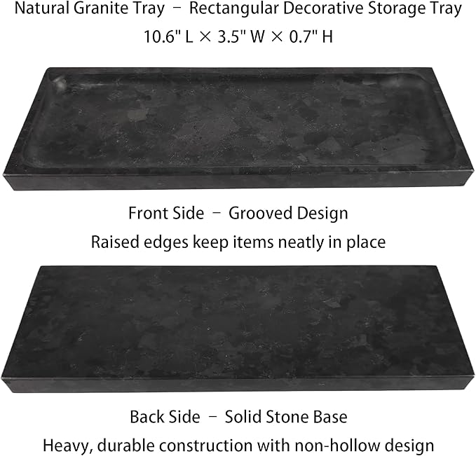 Matte Black Granite Vanity Tray - Natural Stone Rectangular Catchall, 10.6" Decorative Organizer for Bathroom, Entryway, or Desk - Minimalist Display Tray with Unique Veining