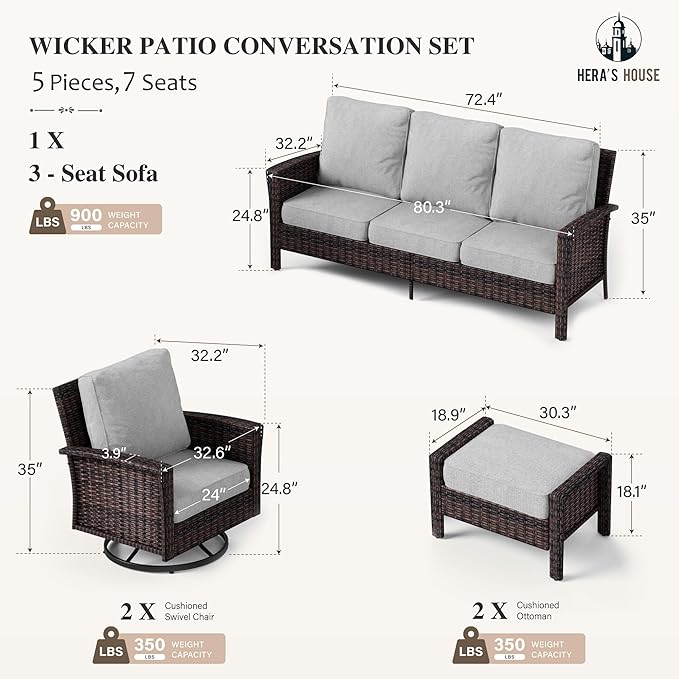 HERA'S HOUSE Patio Furniture Set with Swivel Chairs, High Back Wicker Couch with Ottomans, Outdoor Conversation Sofa Sets with 5.5" Waterproof Cushions for Garden Yard Porch, Grey