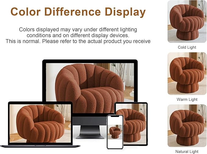 Mid Century Modern 360 Degree Barrel Swivel Accent Sofa Chair,Fluffy Sherpa Fabric Lounge Wide Upholstered Pumpkin Reading Chair, Round Cloud Armchair for Living Room,Bedroom,Vanity(Burnt Orange)