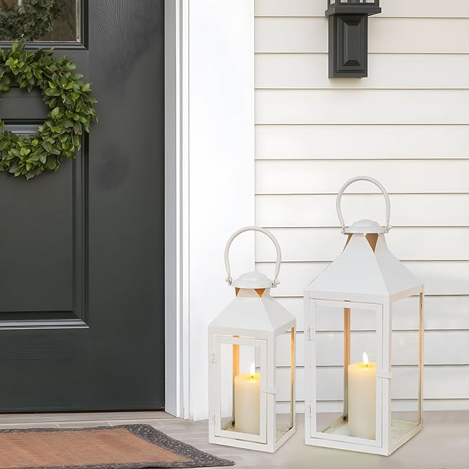JHY DESIGN Set of 2 Cream Decorative Lanterns 17.5inch&13.5inch Metal Candle Lanterns for Indoor Outdoor Events Paritie and Weddings Vintage Style Hanging Lantern