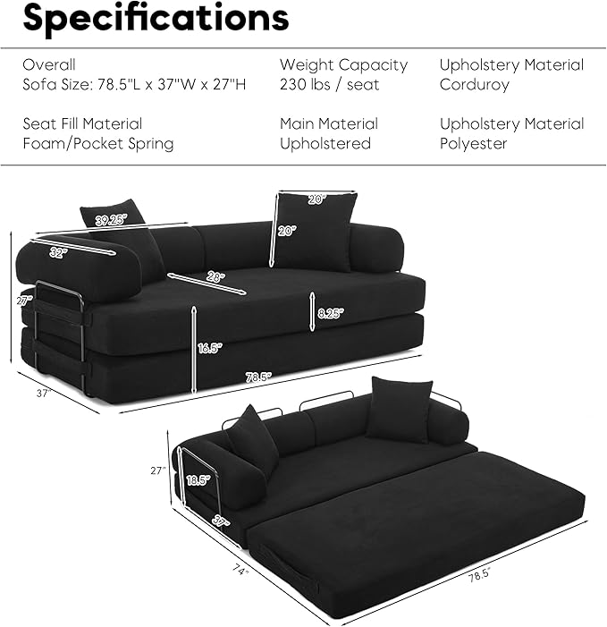 Convertible Sleeper Sofa Bed with Cylindrical Pillow, Corduroy Folding Mattress Couch with Fixed-Shape Frame, Floor Sofa Lounge Couch for Living Room Bedroom Lounge Studio-Black