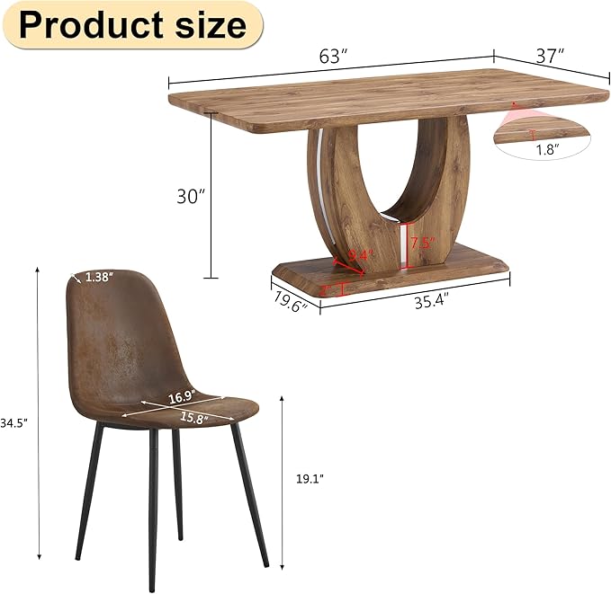 Wooden Dining Table Set for 6, 63" Rectangular Kitchen Table with Upholstered Chair, Modern Dining Room Furniture with Faux Leather Seating and Sturdy Metal Legs, Brown Farmhouse Table Set