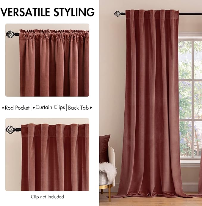 MIULEE Velvet Curtains 2 Panels Luxury Blackout Curtains for Bedroom Living Room Thermal Insulated Super Soft Window Drapes Rod Pocket & Back Tab, Dusty Rose Pink, W52 x L72 inches