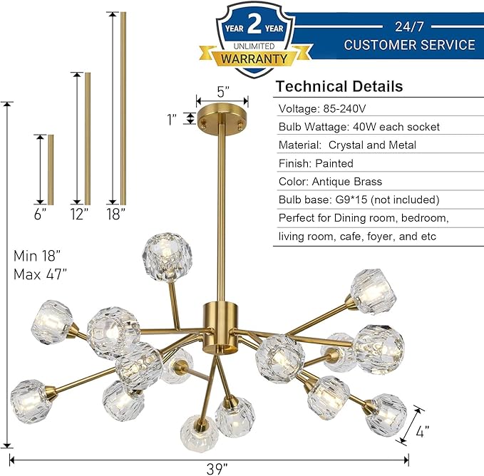 Sputnik Chandeliers for Dining Room Light Fixtures,Modern Crystal Chandeliers for Living Room,15 Lights Gold Mid Century Brass Lighting Fixtures for Kitchen Island Bedroom Entryway