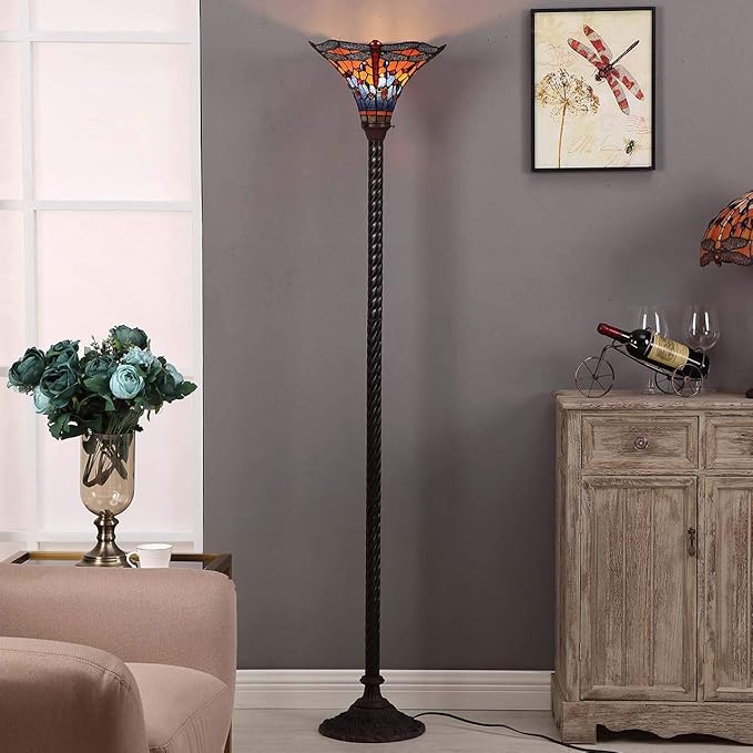 Bieye L10710 Dragonfly Tiffany Style Stained Glass Torchiere Floor Lamp with 13 Inch Wide Handmade Lampshade Metal Base for Dark Corner Living Room Bedroom, Orange Blue, 71 inch Tall