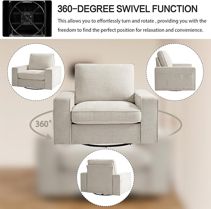 Swivel Accent Chair for Living Room Comfy Single Sofa Chair Soft&Breathable Padding with Extra Wide Armrests Washable Detachable Cover (Beige)
